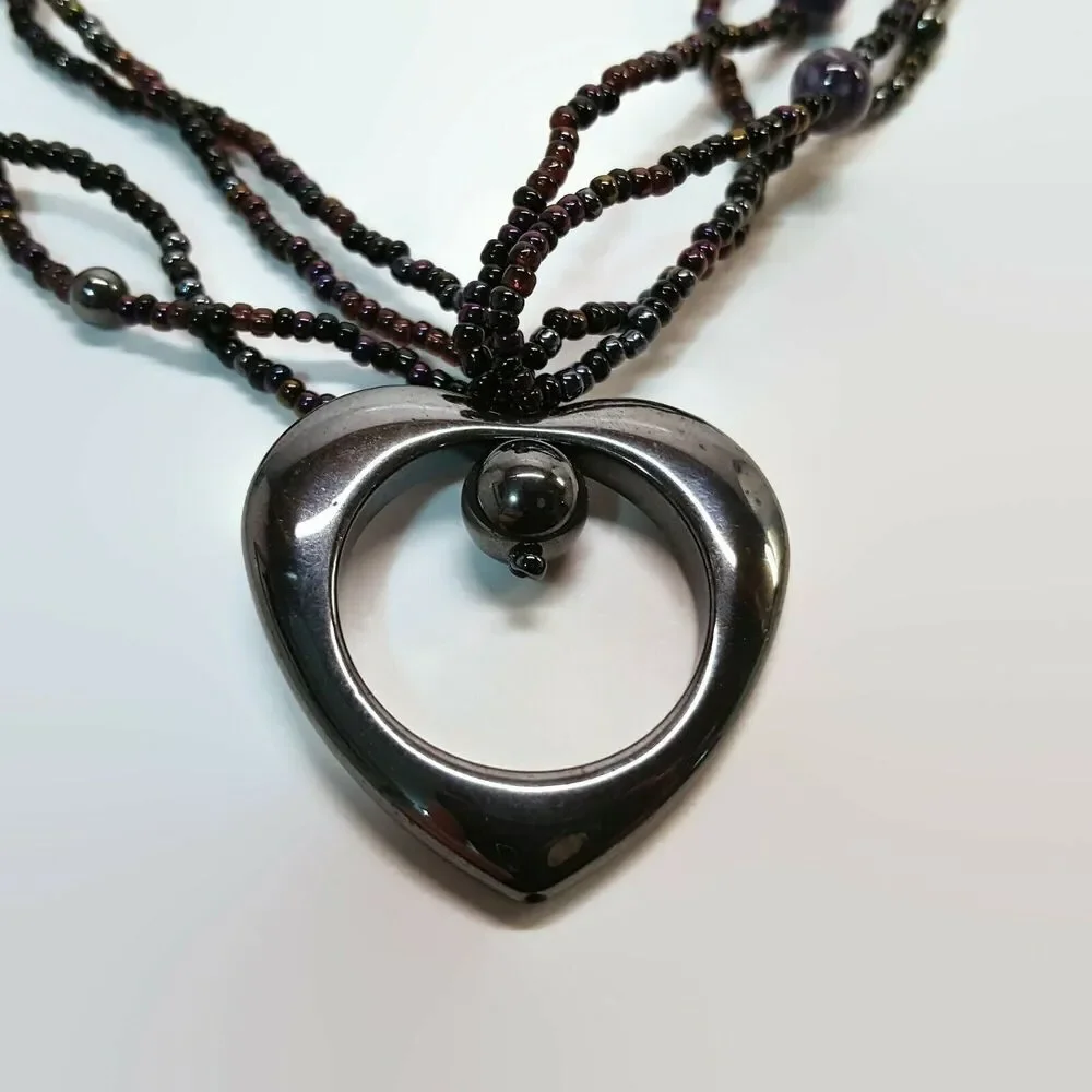 Beaded Hematite Heart Handcrafted Necklace With Sterling Silver Clasp